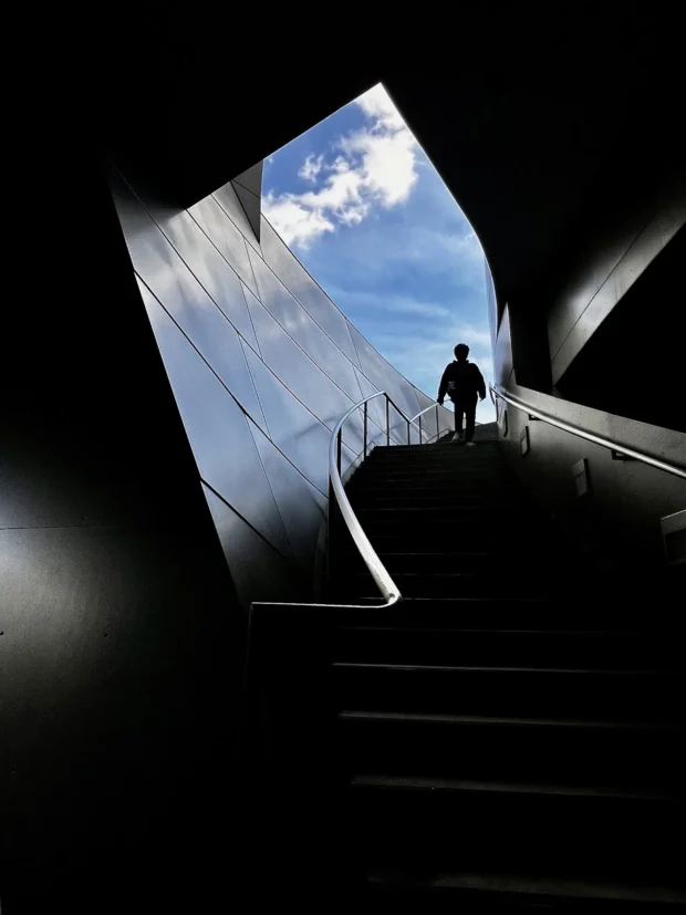 The curving steel sail of Disney Hall over a stair, one figure at the top, sky through the gap.