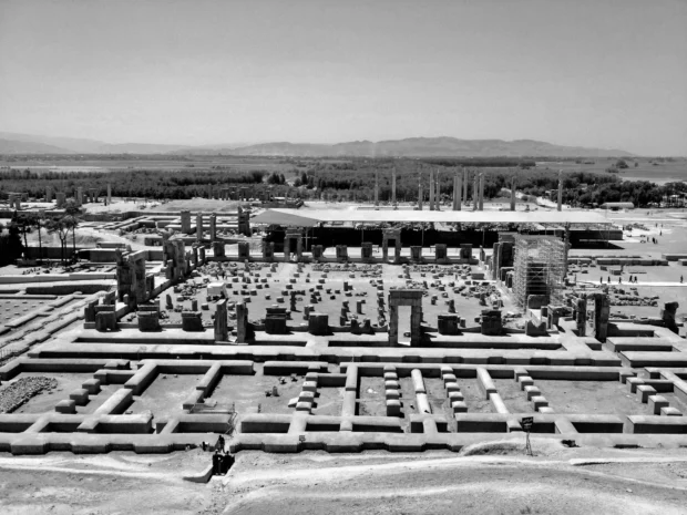 Persepolis column bases from above, black and white.