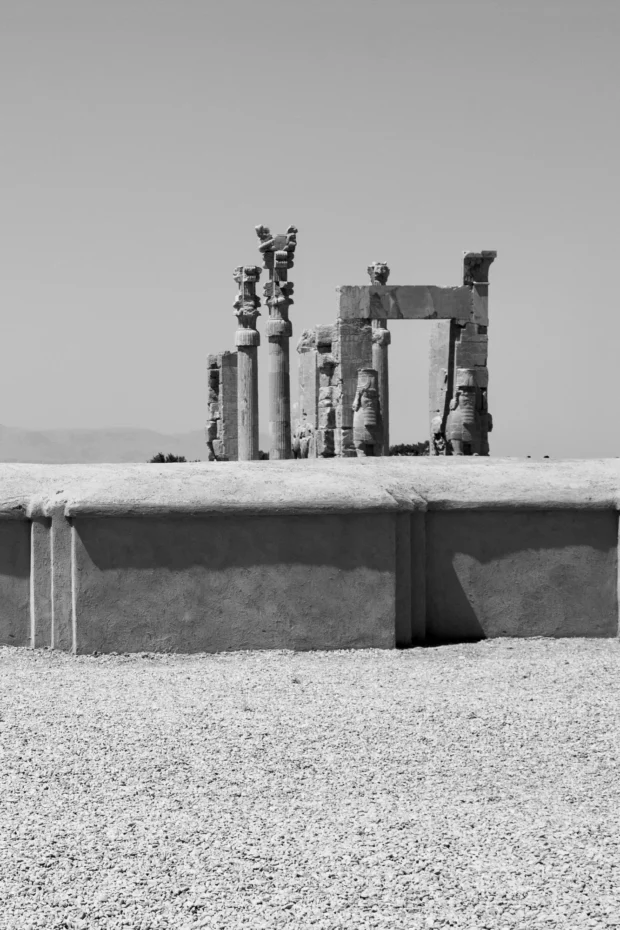 Persepolis columns, black and white, almost nothing in the frame.