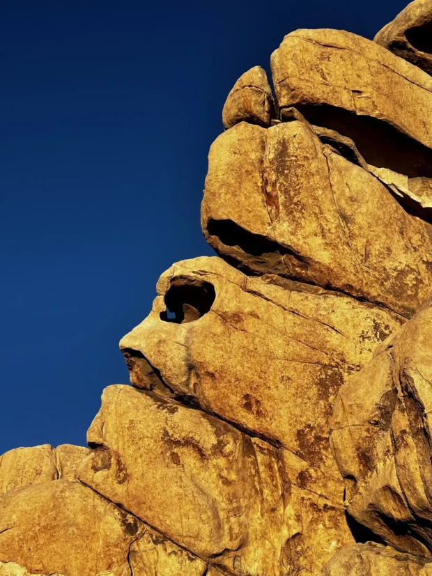 A gold weathered boulder against deep blue that reads as a face.