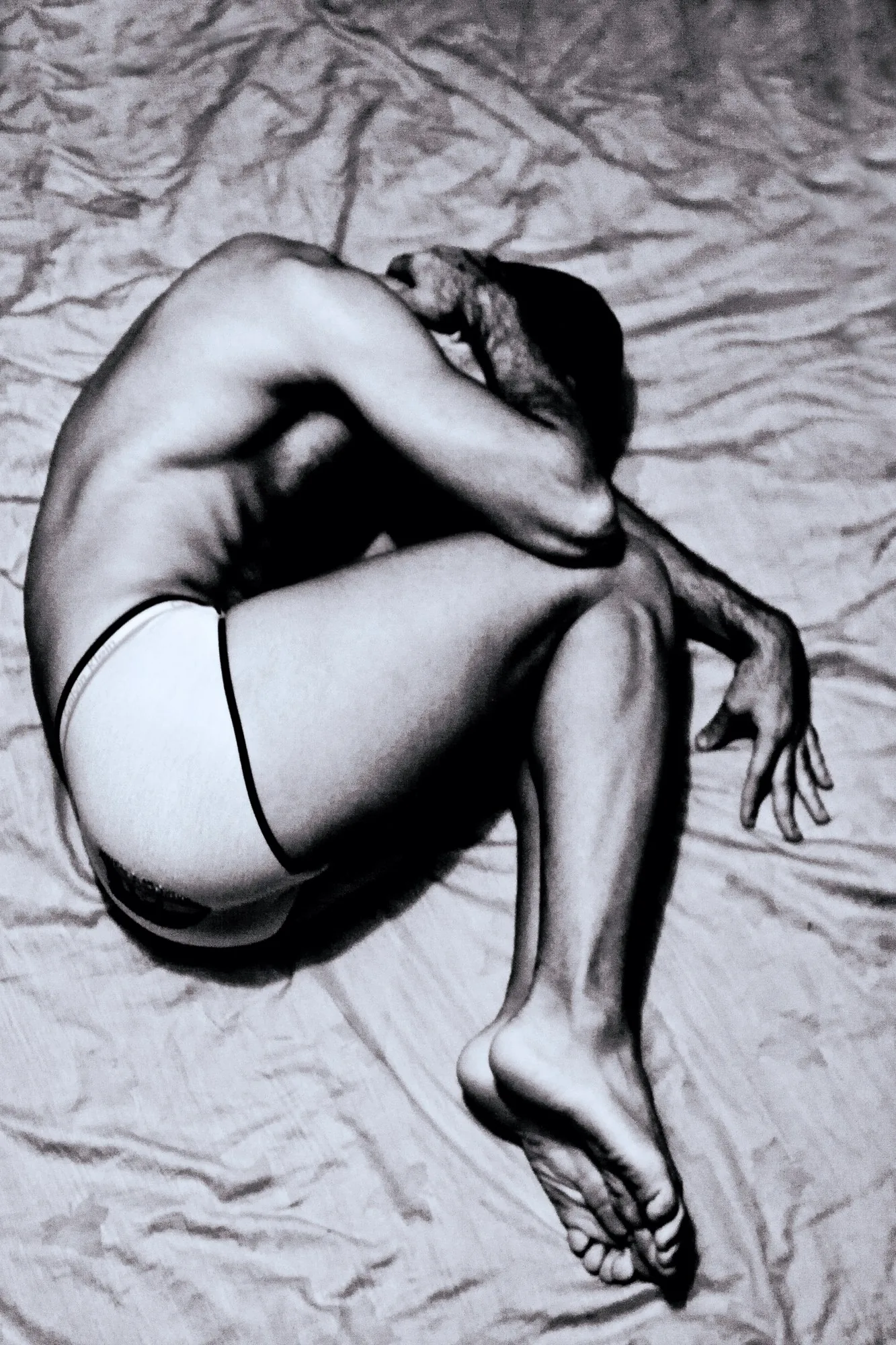Curled on a sheet, seen from above, black and white.