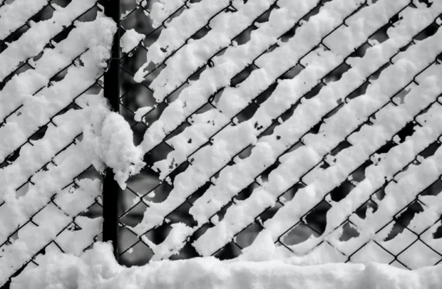 Snow caught in chain-link, black and white.